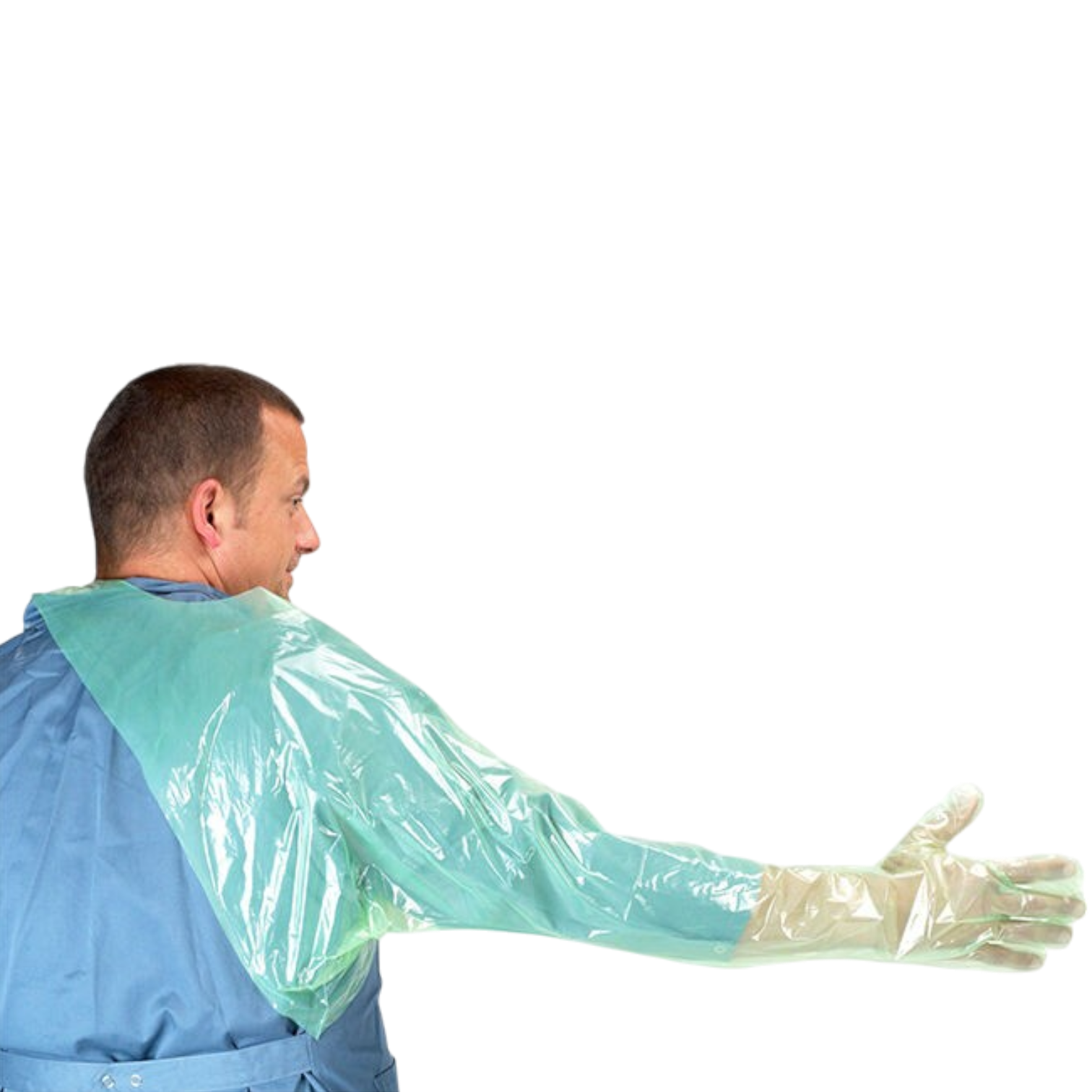 Disposable veterinary glove with shoulder protection